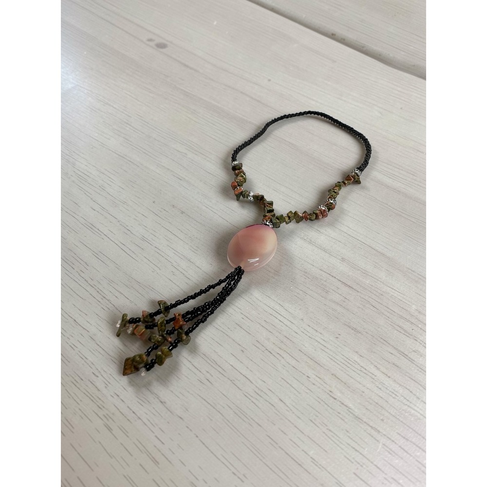 26" Beaded Lariat‎ Necklace Pink Green Black Boho Stone Tassel